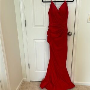 Bari Jay Elegant Red Evening Gown, Once Worn Cups Sewn In!
